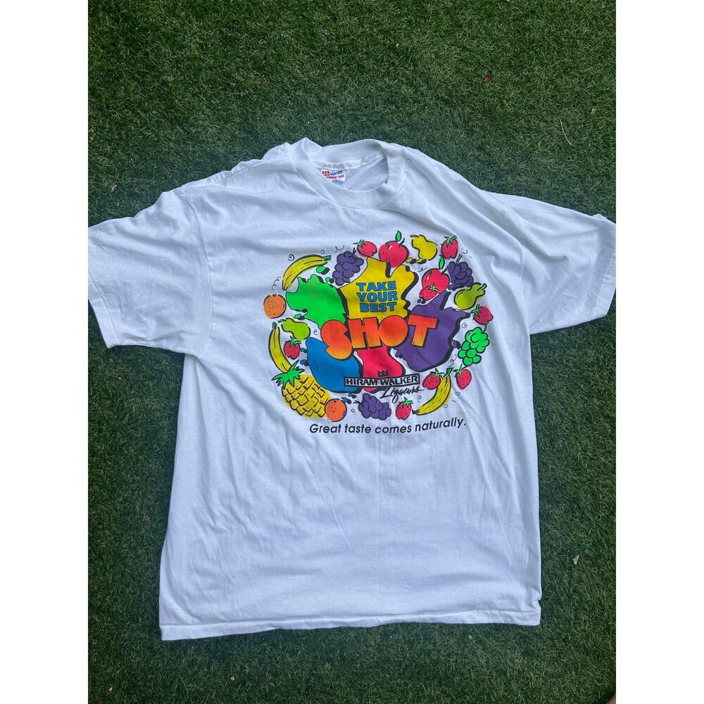 Vintage 90s Promo Hiram Walker – SS Colorful Fruit Print T-shirt Size XL